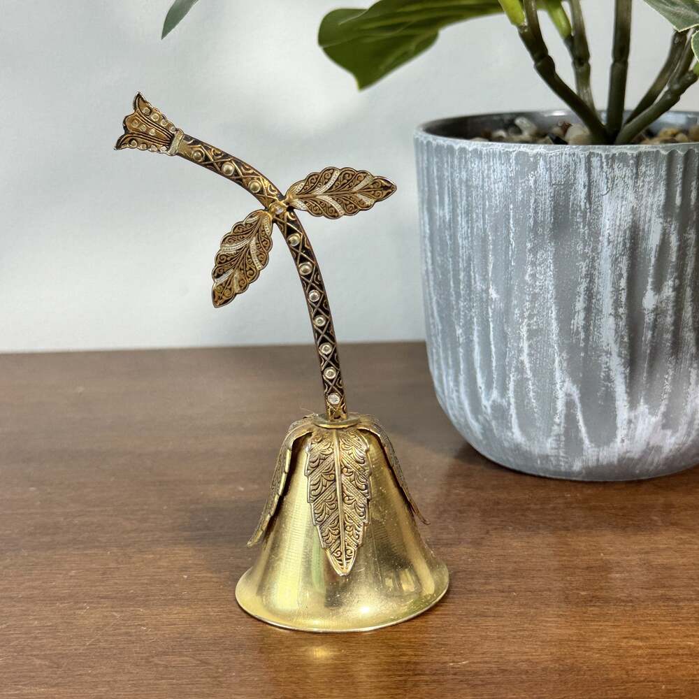 Vintage Style Ornate Gold Tone Floral Leaf Decorative Tabletop Bell